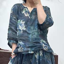 2026夏季新款休闲复古苎麻印花衬衫女文艺气质短款中袖宽松T恤衫