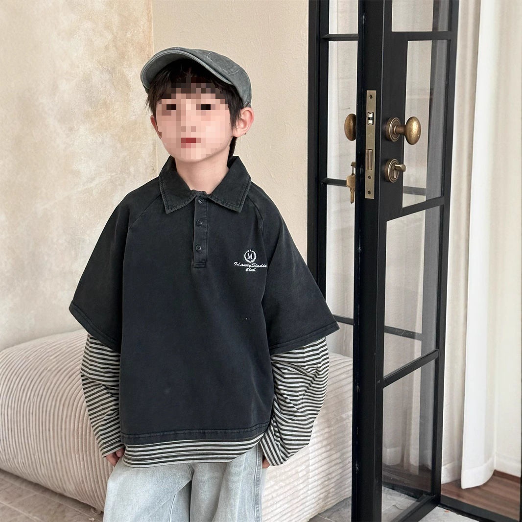 时尚2025春季新款韩版儿童炒色做旧假两件T恤男女童时尚Polo衫潮