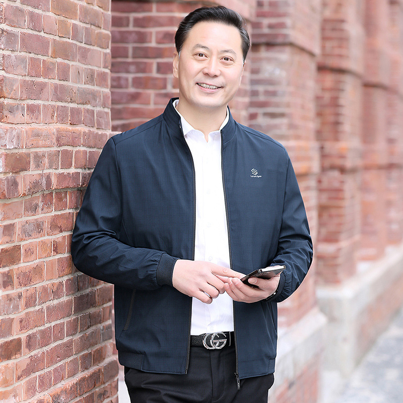 [Antiarrugas a prueba de viento] chaqueta de primavera y otoño de los hombres para padres de mediana edad y ancianos chaqueta de cuello alto de negocios de primavera delgada