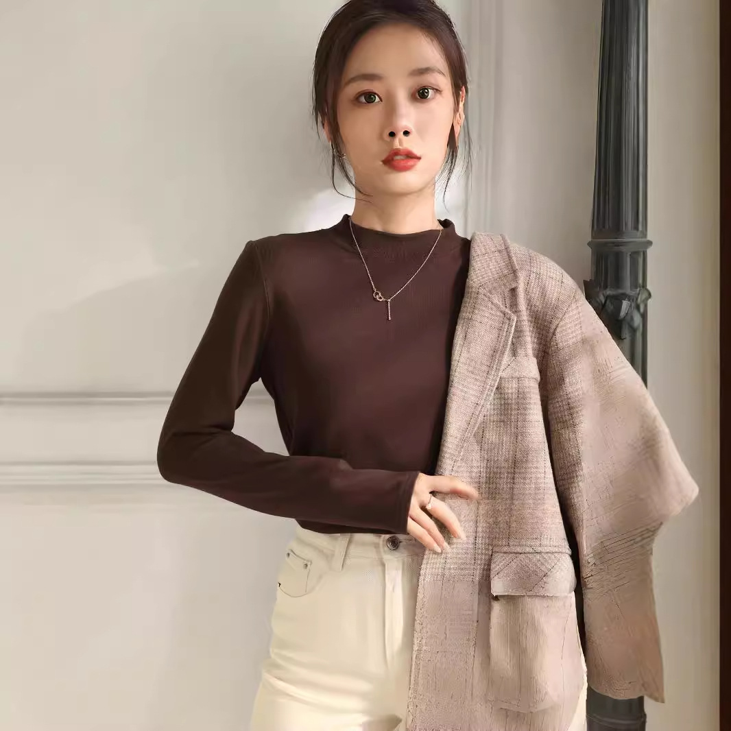베이스 셔츠 슬림 핏 바디 세트 티셔츠베이스 셔츠 여성용 봄과 가을 라운드 넥 솔리드 컬러 베이스 셔츠 슬림 핏 탑