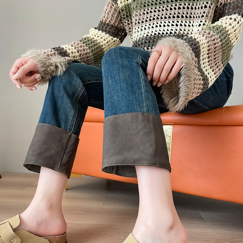 스티칭 연기 파이프 자른 청바지 여자의 가을 겨울 기모 두꺼운 높은 허리 새 스타일 스트레이트 탄성 곡선 슬림 룩 바지