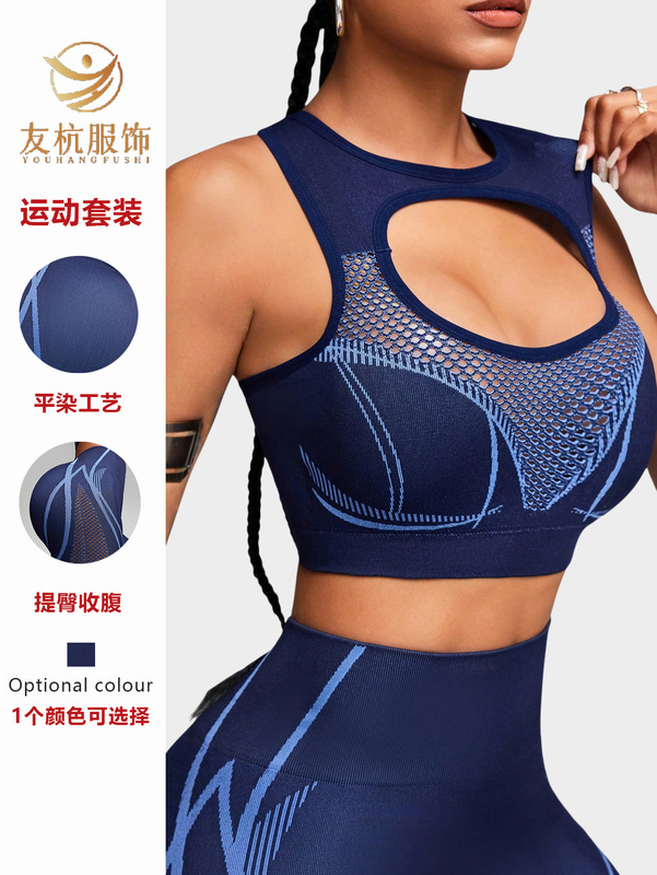 新しい高強度スポーツブラシームレスヨガセット高弾性ストラップ胸パッド付きベストメッシュパンツセット|undefined