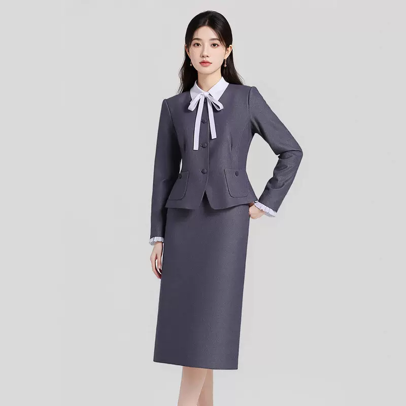 春秋灰色西装长裙套装女气质会务接待职业工装公司酒店前台工作服