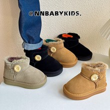 韩版宝宝真皮雪地靴加绒加厚儿童保暖短靴一粒扣男女童毛毛口棉靴