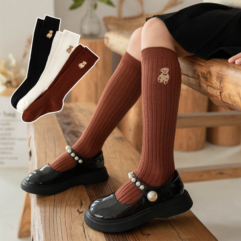 女童袜子韩版刺绣小熊长筒袜儿童学院风高筒袜中小童宝宝护腿棉袜