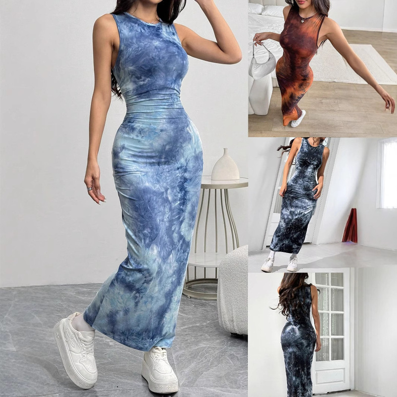 Spot European and American 2022 Spring and Summer Export Women's Sexy Sleeveless Printed Mid-Length Skirt Slim Vest Dress for Women