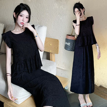 2025洋气春夏季法式黑色宽松拼接新款气质两件套女夏休闲套装上衣