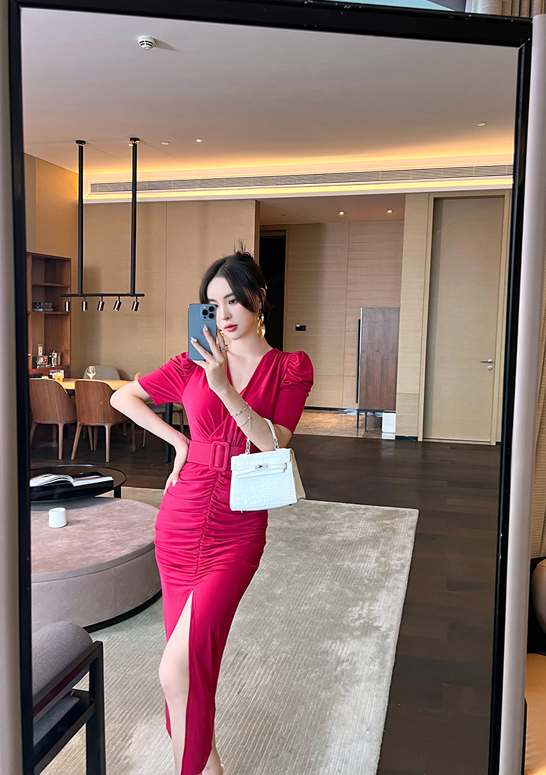 Đầm suông midi tay phồng xếp ly xẻ tà thiết kế thời trang — Màu đen chi tiết 14