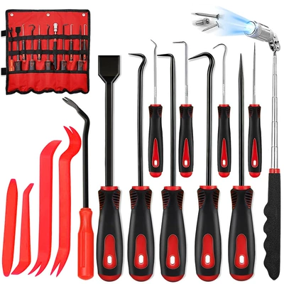 Oil Seal Hook and Mühərrik tənzimləmə alətləri - red-15-piece-set-with-rotating-head-stone-detector-oxford-storage-roll-bag
