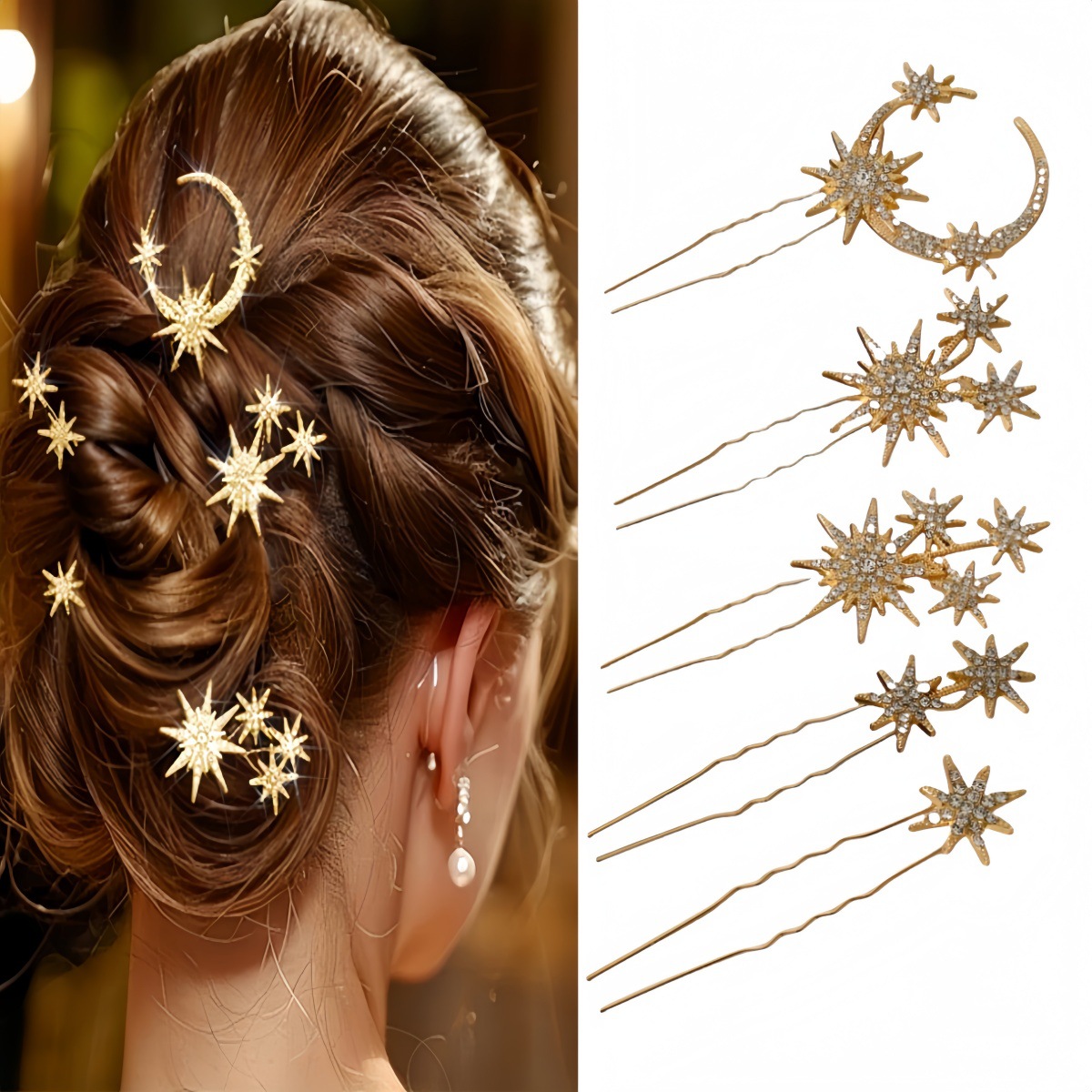 Nuevo conjunto creativo de todo fósforo combinación de accesorios para el cabello, luna geométrica simple, estrella, horquilla de diamantes, accesorios para la cabeza de novia femenina