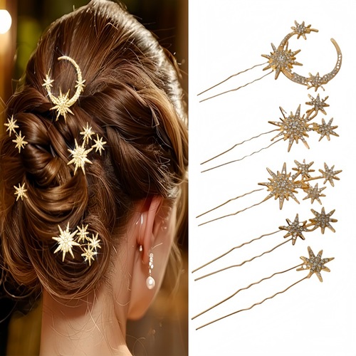 New Style Versatile Creative Set of Hair Accessories Simple Geometric Moon and Stars Diamond Hair Clips for Women Bridesmaid Head Decorations