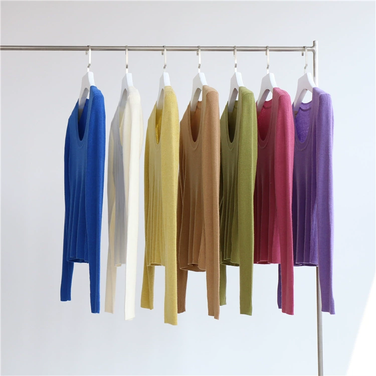 Разноцветная вязаная Базовая рубашка с 14 стежками из смесовой шерсти с U-образным вырезом, осенне-зимний свитер, внутренняя одежда, Женский Топ