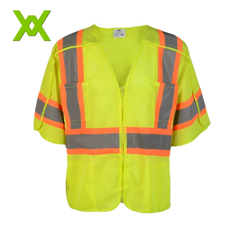 Американский стандарт ANSI Сплит выделить Светоотражающие футболки Персик сетки Защитная одежда с молнией Multi-карман