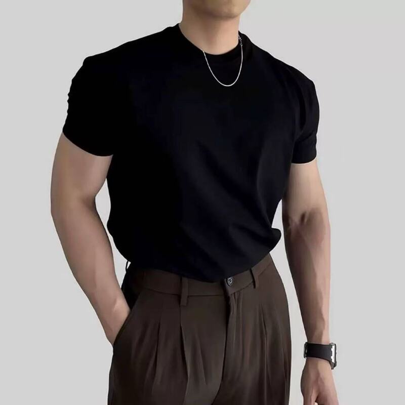 Men's Regular Fit Short-Sleeve T-Shirt with Round Neck, Slim Fit, Solid Color, Versatile, Muscle-Enhancing, Gym Wear, Thin Style