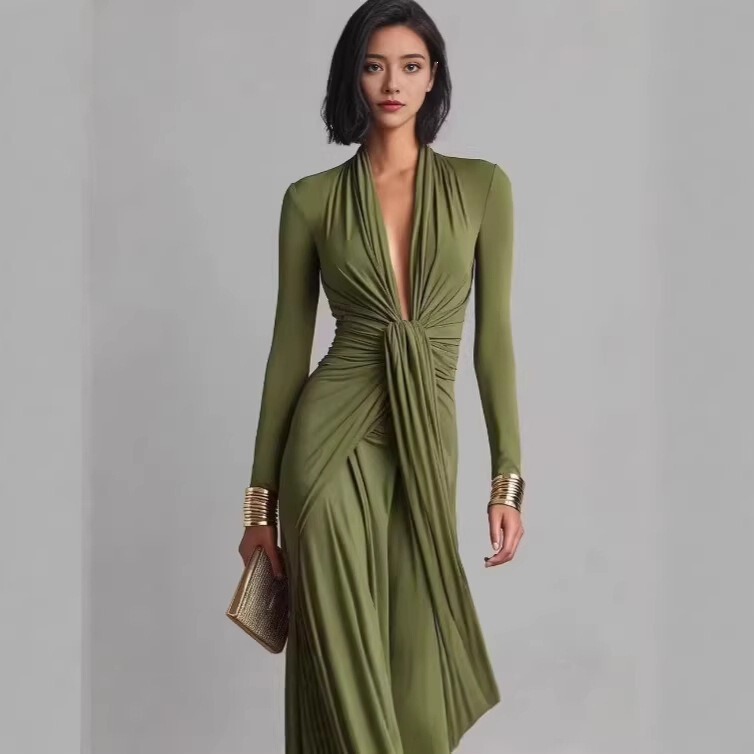 Cross-Border European and American Dresses 2026 Spring/Summer New Casual Fashion V-Neck Pleated Evening Gown with a Stylish Design