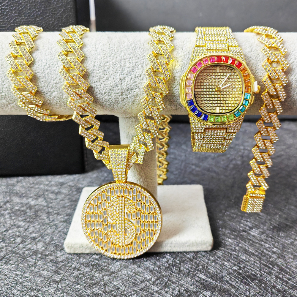 Men's Cuban Link Bracelet With Colorful Diamond Setting Gold Plated_voghion.com