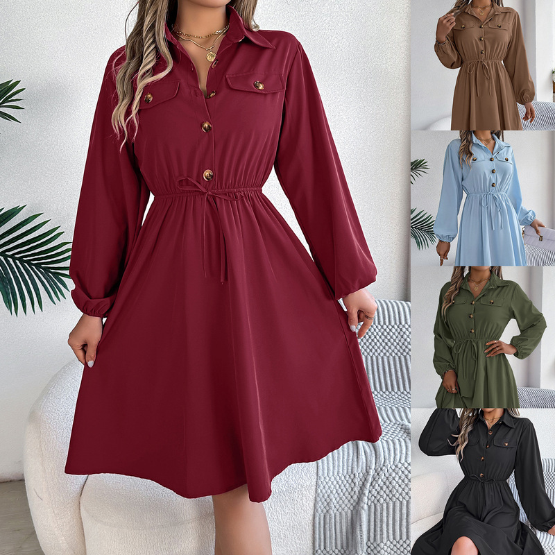 Real Shot of 2026 European and American Autumn/Winter Casual Button-Up Tie-Waist Long-Sleeve Shirt Dress, Independent Cross-Border Women's Fashion