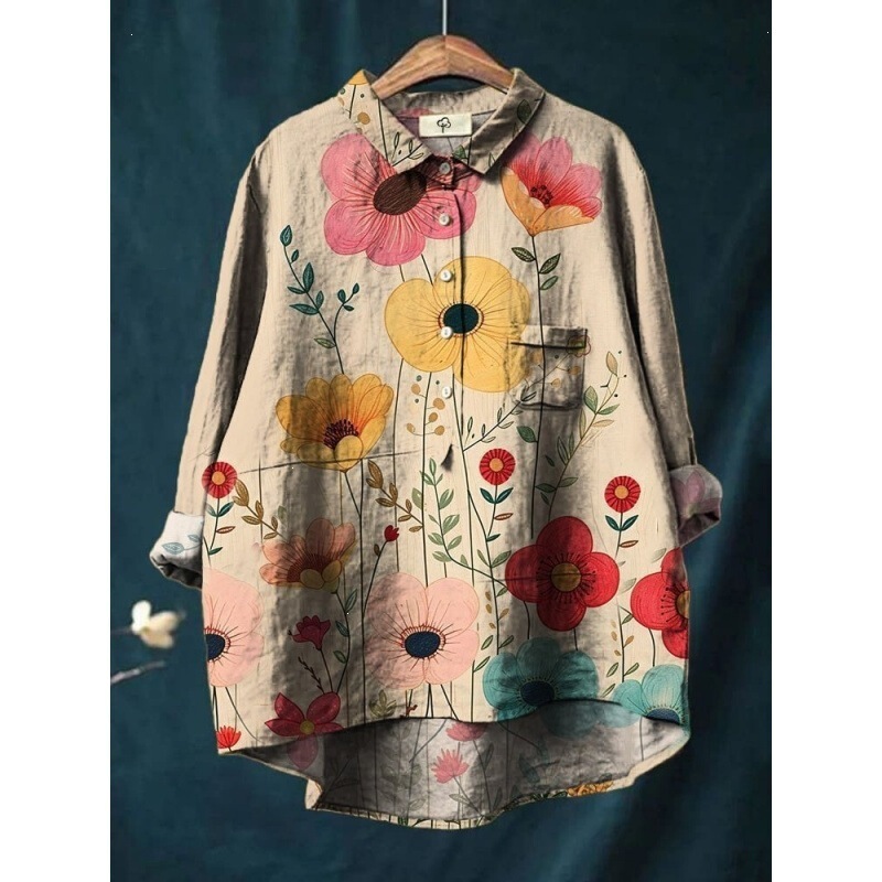 2026 Cross-Border Women's Summer New Amazon Style Loose Casual Graffiti 3D Print Turn-Down Collar 5-Button Long-Sleeve Shirt