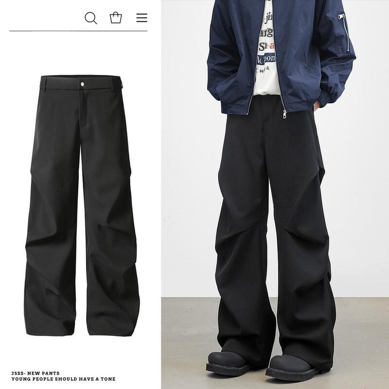 Autumn American-Style Loose Pleated Trousers, Wide-Leg, Slightly Flared, Drapey Casual Pants, Versatile Black Trousers for Men, Paris Magic Pants