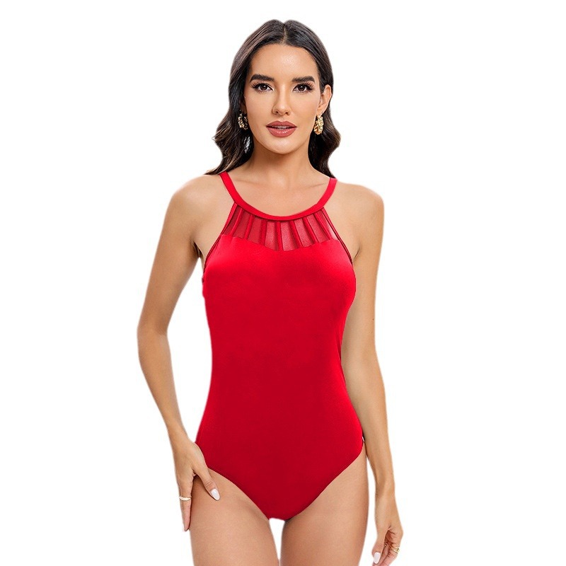 Traje de baño sexy de estilo europeo y americano 2024 para mujer, traje de baño de una pieza ajustado de malla con control de abdomen y efecto adelgazante.