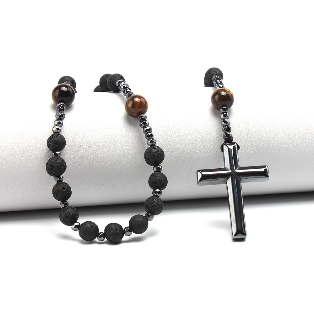 Casual, Daily, Shopping Occasion natural stone Material Cross Pattern Chinoiserie Retro Ethnic Style Cross Natural Stone Beaded Men's Pendant Necklace