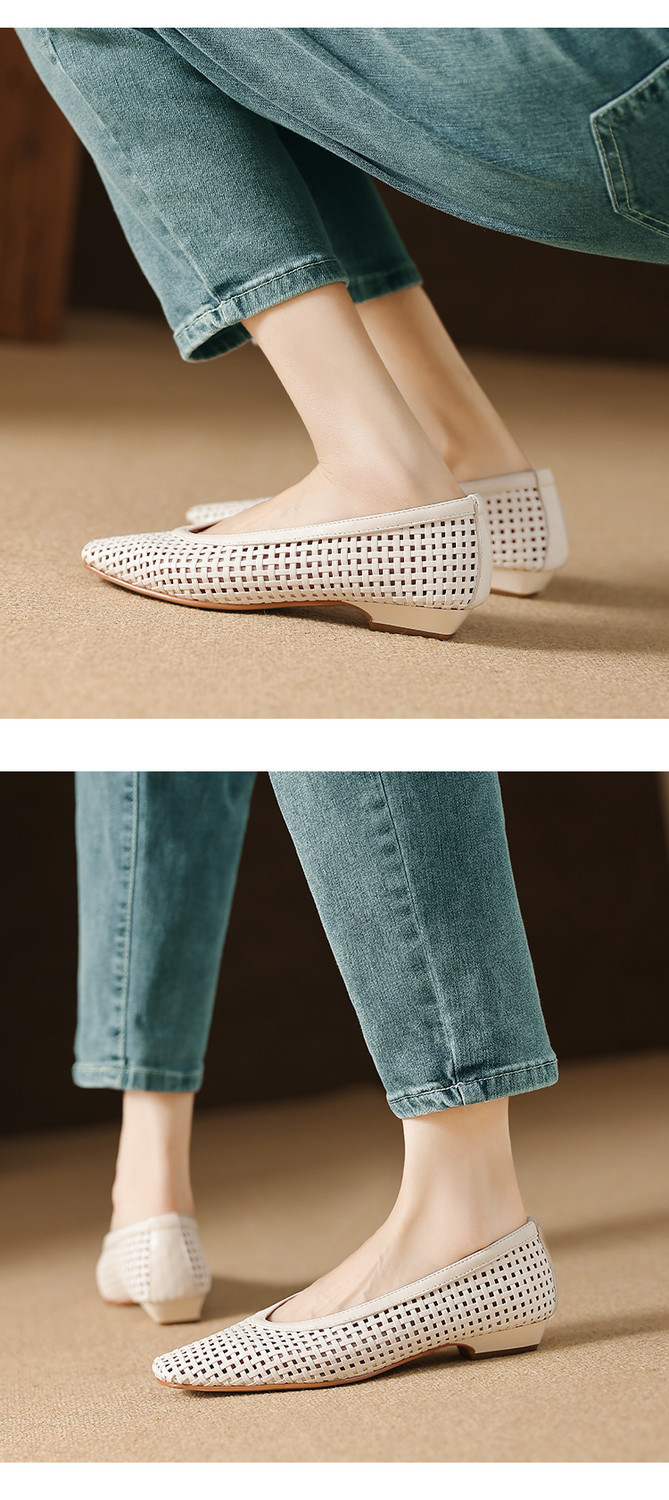 Sandal nữ mũi nhọn gót thấp lưới thoáng khí mũi khoét 2025 — Màu trắng nhạt, bạc chi tiết 4