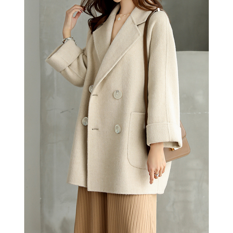 Spot herringbone pattern long coat women's double-sided wool short woolen coat women's autumn and winter cocoon-shaped thin