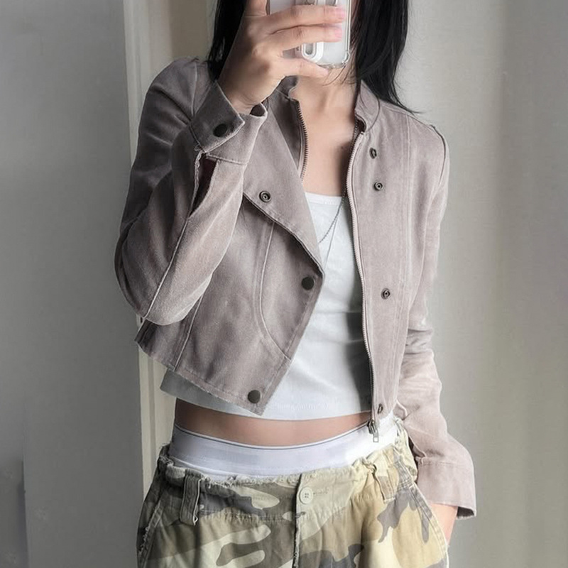 欧美秋冬新款甜酷帅气灰色麂皮机车服外套女辣妹修身短款立领夹克|undefined
