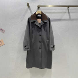 南油女装2025秋冬MIU新品字母贴布绣灰色螺纹翻领羊毛呢大衣外套