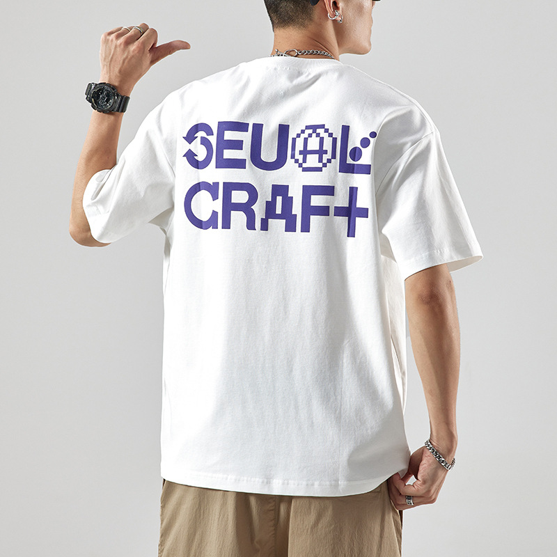 Summer Pure Cotton Front and Back Letter Printing American Style Men's Casual Crewneck Short-sleeved Men's Trendy Brand Loose T-shirt