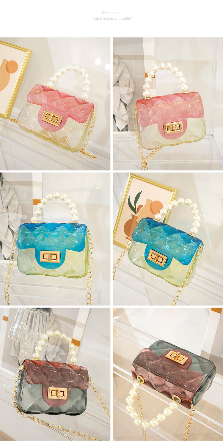 Women's Small PVC Color Block Cute Beading Square Lock Clasp Crossbody Bag Jelly Bag display picture 9