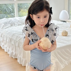 Girls' 2024 New Stylish and Cute One-Piece Swimsuit for Baby Girls Bikini Children Summer Fashion V-Neck Swimsuit