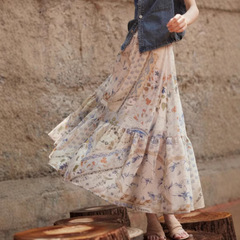 ELLE レトロリゾートスタイルスカート女性のための 2025 夏の新スタイルウェーブプリントハイウエストスリムアンブレラスカートケーキスカート
