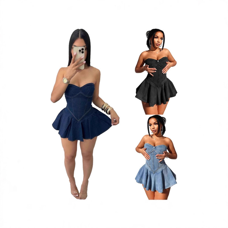 D8699 European and American Style Women's Cross-Border Chest-Wrapped Sleeveless Fashionable Denim Sexy Sexy A-Line Mini Dress D8699 European and American Style Women's Cross-Border Chest-Wrapped Sleeveless Fashionable Denim Sexy Sexy A-Line Mini Dress