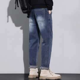 新款男式浅蓝青年棉弹力舒适牛仔长裤小直筒修身小脚牛仔裤