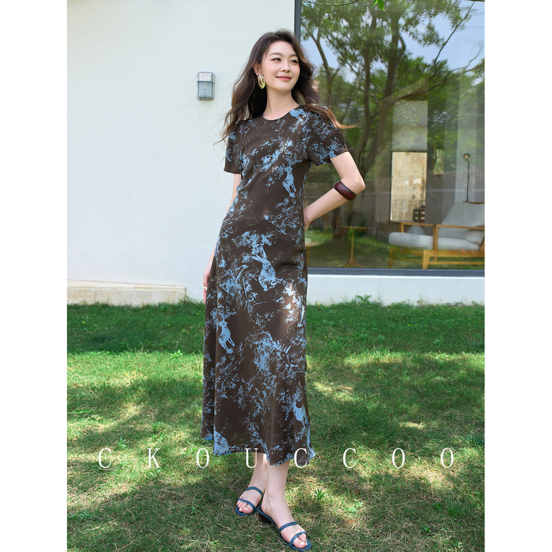 Rongtai New Chinese Style Retro Gradient Silk Dress for Women, Summer Round Neck Short Sleeve High Waist Slimming Mulberry Silk Long Dress