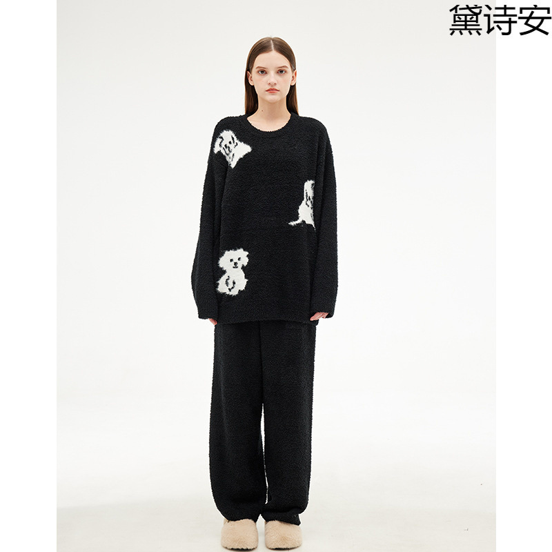 Daishian Autumn and Winter Black Puppy Imitation Mink Half Velvet Pajamas for Women 2025 New Coral Velvet Thickeneded and Warm