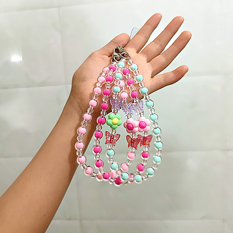 Flor Mariposa Caja del teléfono móvil Cadena con cuentas Douyin Bolso en vivo Auriculares Llavero Macaron Colgante Accesorios Cuerda