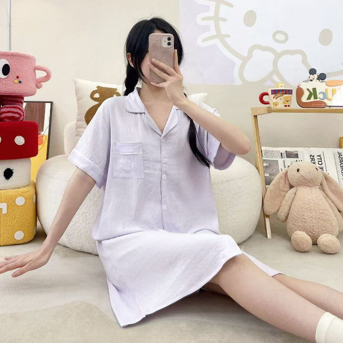 Nube de algodón vestido de pijama de mangas cortas de color sólido simple Cardigan relajado comercio exterior transfronterizo vestido grande se puede usar fuera