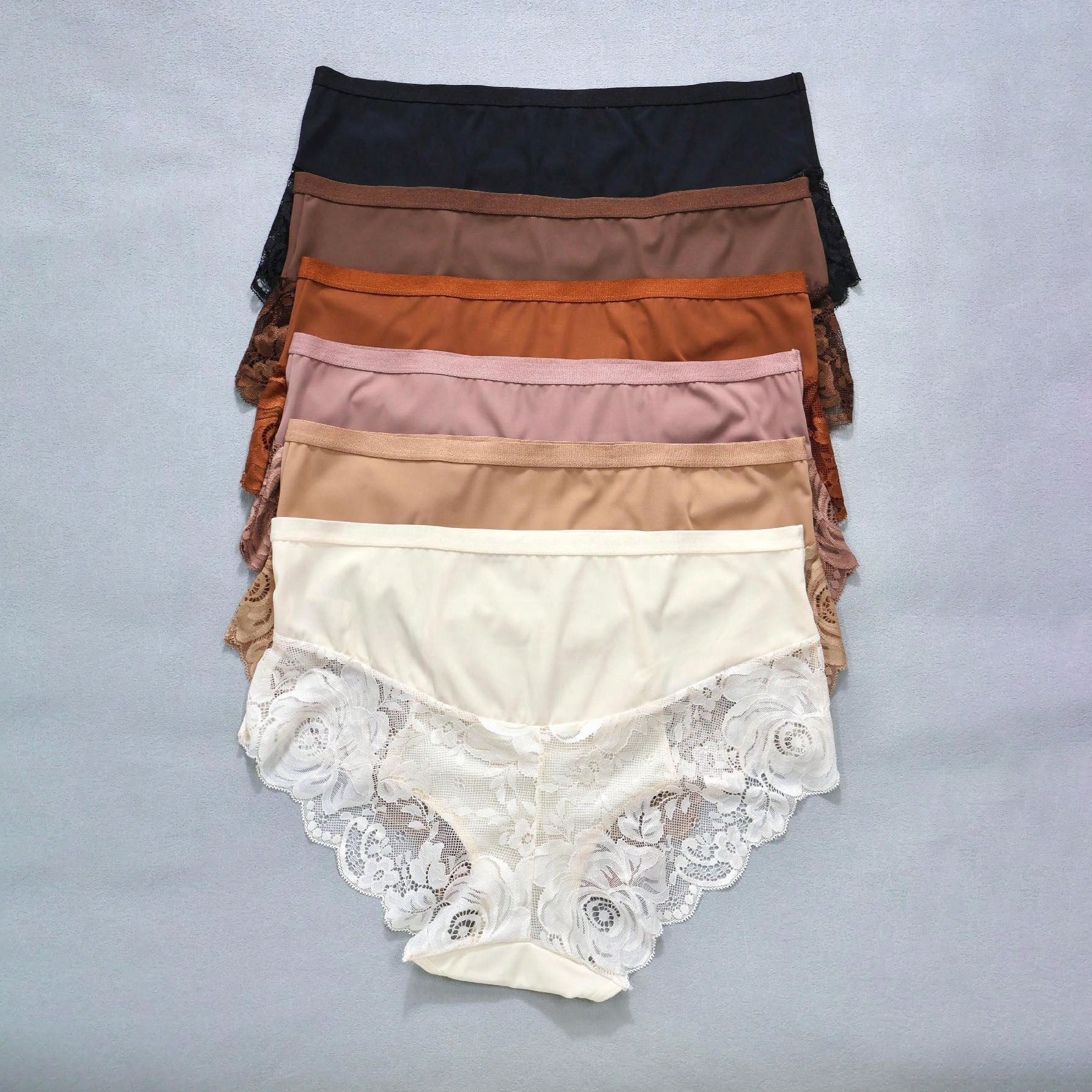 Paquete de 6 piezas - tela de cintura media para damas, pantalones íntimas de encaje sexy, pantalones elásticas, grandes, grandes, cómodas, triángulos