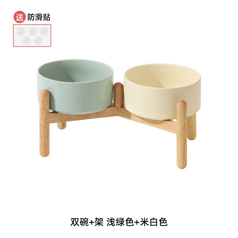 Cuenco de cerámica del perro cuenco doble cuenco de soporte cervical mediano y grande tamaño pequeño cuenco de comida para perros cuenco de agua de madera traje de estante cuenco de perro