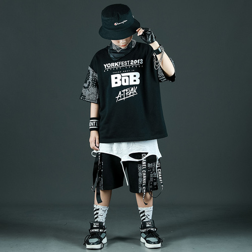Korean Streetwear Hip-Hop Child Set for Boys, Almond-Color Performance Outfits for Kids