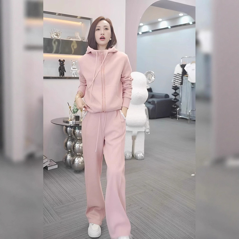 A Complete Set of Spring Casual Wear for Korean Women, Pink Loose Hooded Cardigan, Slim Sweatshirt, Two-Piece Set for Women