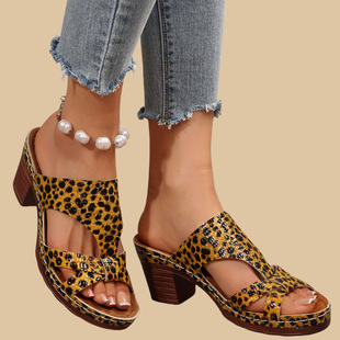 Cross-Border Large Size High-Heeled Leopard Print Sandals for Women 2025 Summer New European and American Fish Mouth Slippers for Women in Stock