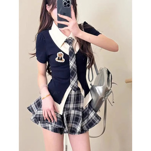 Beautiful girl college style jk suit summer net red bear fake two-piece shirt skirt uniform plaid two-piece set