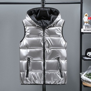Shanli Dadi Autumn and Winter Double-sided Wear Bright Leather Cotton Vest Hooded plus size Cotton Waistcoat Warm Vest Vest