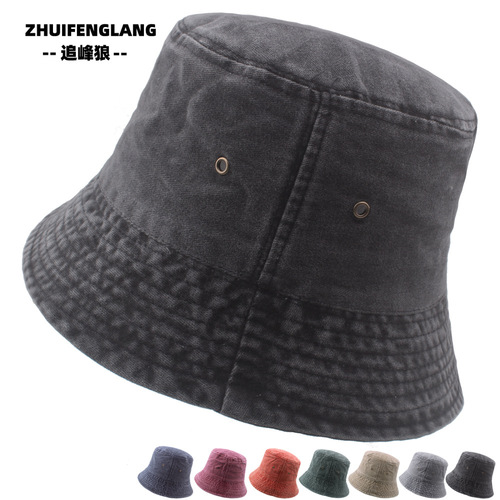 Washed and distressed short-brimmed fisherman's hat cotton basin hat solid color men's and women's outdoor travel foldable sun hat sun hat