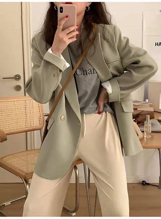 Áo vest nữ dáng suông rộng cổ vest tay dài phối túi, chất liệu polyester cao cấp — Màu xanh bạc hà chi tiết 10