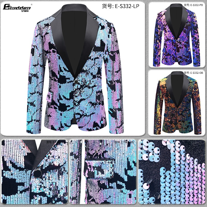 Cross-border New Men's Velvet Sequin Suit Host Male Singer Gradient Performance Suit Coat Trendy Cool