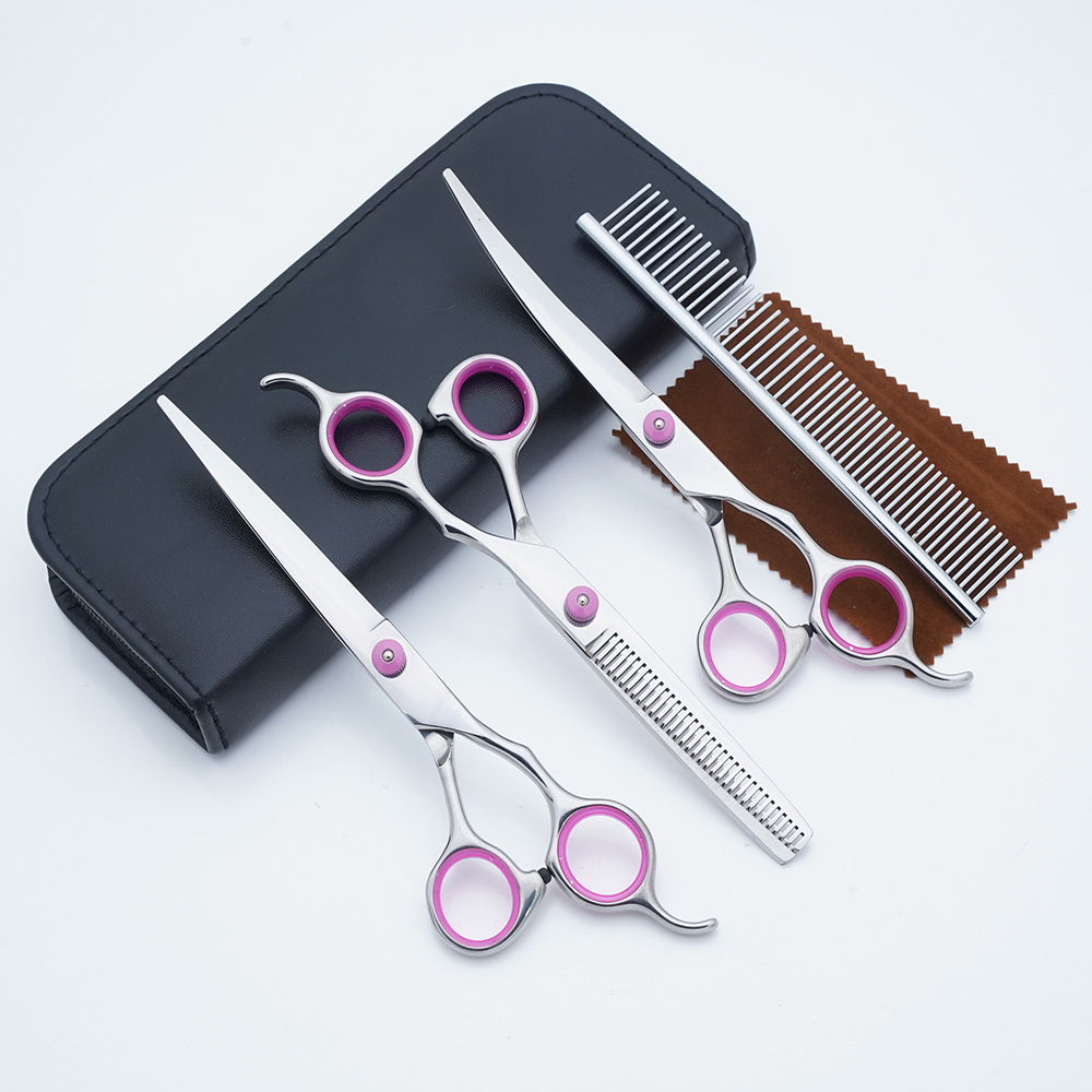 Tijeras para mascotas Tijeras de belleza para perros de acero inoxidable Tijeras curvas de 7 pulgadas Tijeras de dientes de recorte de pelo de gato Juego de tijeras planas para peluche